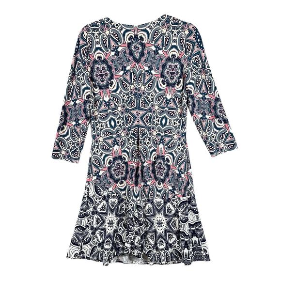 Eliza J Dress Size 8 Multicolor Paisley Print Stretch Knit Fit Flare 3/4 Sleeve - Picture 2 of 12